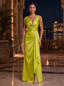Satin Evening Dresses with Slit V Neck Formal Dress Mermaid Wedding Guest