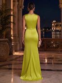 Satin Evening Dresses with Slit V Neck Formal Dress Mermaid Wedding Guest