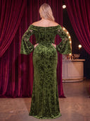 Plus Size Velvet Long Evening Dresses with Slit Mermaid Long Sleeves Formal Dress