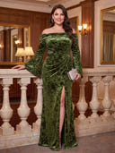 Plus Size Velvet Long Evening Dresses with Slit Mermaid Long Sleeves Formal Dress