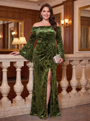 Plus Size Velvet Long Evening Dresses with Slit Mermaid Long Sleeves Formal Dress