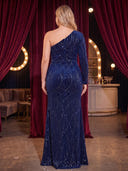 Plus Size Velvet Long Evening Dresses with Slit Mermaid Long Sleeves Formal Dress One Shoulder Praty Dress