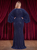 Plus Size Velvet Long Evening Dresses Mermaid Long Sleeves Formal Dress V Neck Evening Party