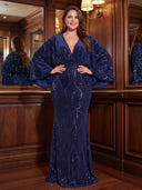 Plus Size Velvet Long Evening Dresses Mermaid Long Sleeves Formal Dress V Neck Evening Party