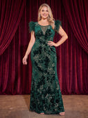 Plus Size Velvet Long Evening Dresses Mermaid Formal Dress Crew Neck Sequin Gala