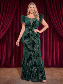 Plus Size Velvet Long Evening Dresses Mermaid Formal Dress Crew Neck Sequin Gala