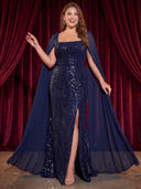 Plus Size Sequin Long Evening Dresses Mermaid Formal Dress Cape Sleeves Party Dress