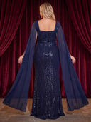 Plus Size Sequin Long Evening Dresses Mermaid Formal Dress Cape Sleeves Party Dress