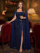 Plus Size Sequin Long Evening Dresses Mermaid Formal Dress Cape Sleeves Party Dress
