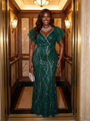 Plus Size Velvet Sequin Long Evening Dresses Mermaid Formal Dress V Neck Long Dress