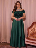 Plus Size Velvet Sequin Long Evening Dresses Off Shoulder Formal Dress A Line Long Dress