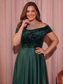 Plus Size Velvet Sequin Long Evening Dresses Off Shoulder Formal Dress A Line Long Dress