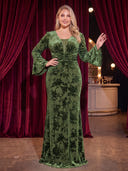 Plus Size Velvet Sequin Long Evening Dresses  V Neck Formal Dress Long Sleeves Long Dress