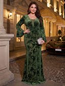 Plus Size Velvet Sequin Long Evening Dresses  V Neck Formal Dress Long Sleeves Long Dress