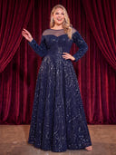 Plus Size Velvet Sequin Long Evening Dresses Crew Neck Formal Dress A Line Long Sleeves Dress