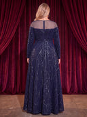 Plus Size Velvet Sequin Long Evening Dresses Crew Neck Formal Dress A Line Long Sleeves Dress
