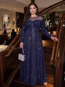 Plus Size Velvet Sequin Long Evening Dresses Crew Neck Formal Dress A Line Long Sleeves Dress