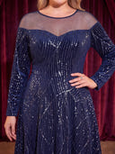 Plus Size Velvet Sequin Long Evening Dresses Crew Neck Formal Dress A Line Long Sleeves Dress