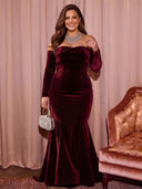 Plus Size Velvet Long Evening Dresses Off Shoulder Formal Dress Long Sleeves Wedding Guest