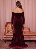 Plus Size Velvet Long Evening Dresses Off Shoulder Formal Dress Long Sleeves Wedding Guest