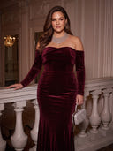 Plus Size Velvet Long Evening Dresses Off Shoulder Formal Dress Long Sleeves Wedding Guest