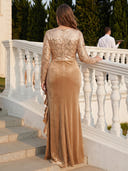 Plus Size Velvet Long Evening Dresses with Slit Crew Neck Sequin Formal Dress Long Sleeves Galas