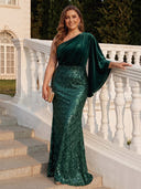 Plus Size Sequin Long Evening Dresses One Shoulder Formal Dress Velvet Long Sleeves Party Dress