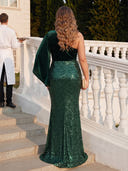 Plus Size Sequin Long Evening Dresses One Shoulder Formal Dress Velvet Long Sleeves Party Dress
