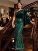 Plus Size Sequin Long Evening Dresses One Shoulder Formal Dress Velvet Long Sleeves Party Dress