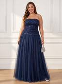 Plus Size Sequin Tulle Long Evening Dresses Strapless Formal Dress A Line Party Dance