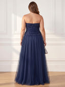 Plus Size Sequin Tulle Long Evening Dresses Strapless Formal Dress A Line Party Dance