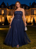 Plus Size Sequin Tulle Long Evening Dresses Strapless Formal Dress A Line Party Dance