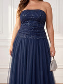 Plus Size Sequin Tulle Long Evening Dresses Strapless Formal Dress A Line Party Dance