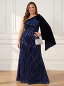 Plus Size Sequin Velvet Long Evening Dresses One Shoulder Formal Dress Mermaid Party Dress