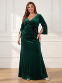 Plus Size Velvet Long Evening Dresses V Neck Formal Dress Long Sleeves Wedding Guest