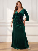 Plus Size Velvet Long Evening Dresses V Neck Formal Dress Long Sleeves Wedding Guest