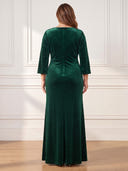 Plus Size Velvet Long Evening Dresses V Neck Formal Dress Long Sleeves Wedding Guest