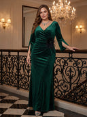 Plus Size Velvet Long Evening Dresses V Neck Formal Dress Long Sleeves Wedding Guest