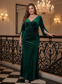 Plus Size Velvet Long Evening Dresses V Neck Formal Dress Long Sleeves Wedding Guest