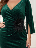 Plus Size Velvet Long Evening Dresses V Neck Formal Dress Long Sleeves Wedding Guest