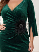 Plus Size Velvet Long Evening Dresses V Neck Formal Dress Long Sleeves Wedding Guest
