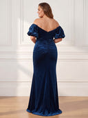 Plus Size Velvet Long Evening Dresses with Slit Off Shoulder Formal Dress  Wedding Guest