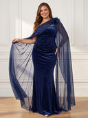 Plus Size Velvet Long Evening Dresses Strapless Formal Dress with Cape Wedding Guest