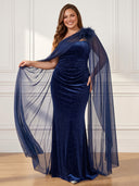 Plus Size Velvet Long Evening Dresses Strapless Formal Dress with Cape Wedding Guest