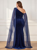 Plus Size Velvet Long Evening Dresses Strapless Formal Dress with Cape Wedding Guest