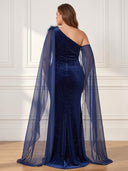 Plus Size Velvet Long Evening Dresses Strapless Formal Dress with Cape Wedding Guest
