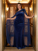 Plus Size Velvet Long Evening Dresses Strapless Formal Dress with Cape Wedding Guest