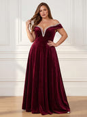 Plus Size Velvet Long Evening Dresses Off Shoulder Formal Dress A Line Wedding Guest