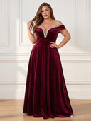 Plus Size Velvet Long Evening Dresses Off Shoulder Formal Dress A Line Wedding Guest