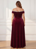 Plus Size Velvet Long Evening Dresses Off Shoulder Formal Dress A Line Wedding Guest